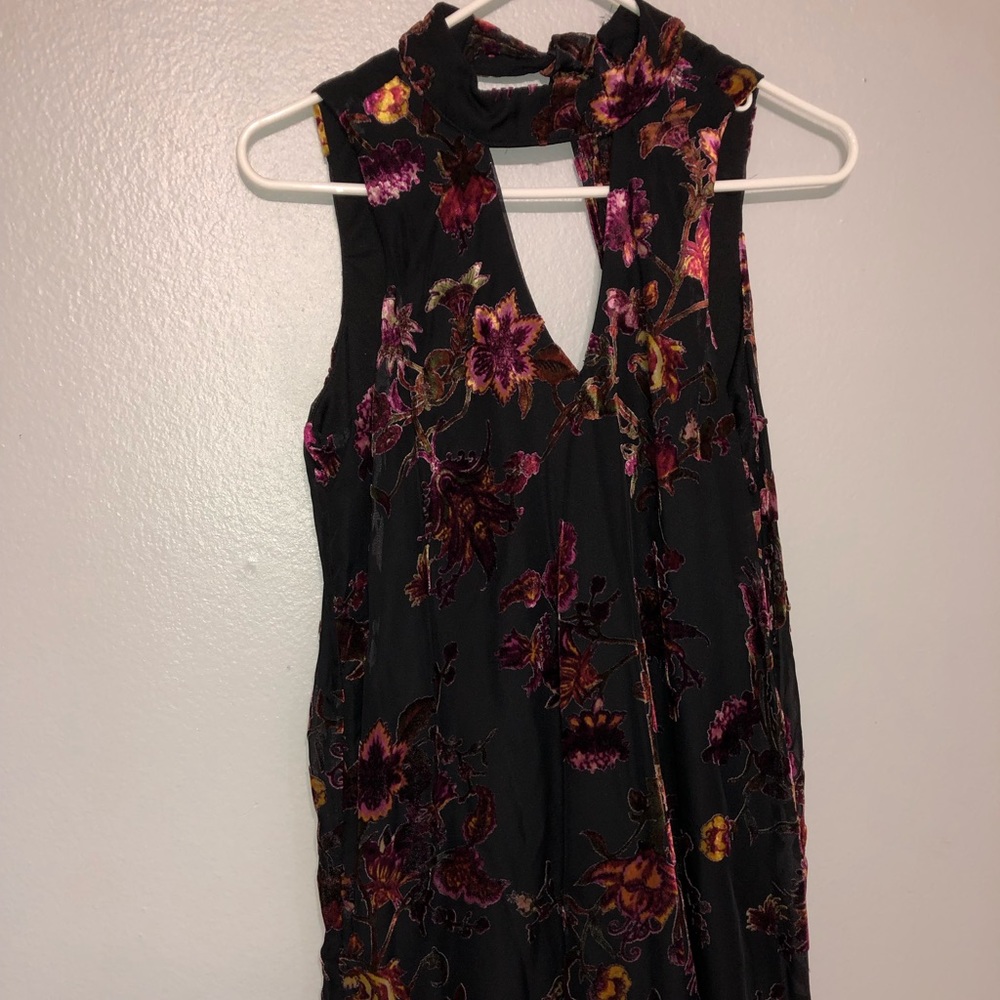 Black v neck choker dress with pink felt flowers